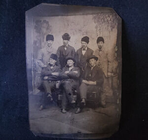 Antique Tintype Photo Men Wearing Astrakhan Fur Caps Smoking Pipes 1880s 1900s 2